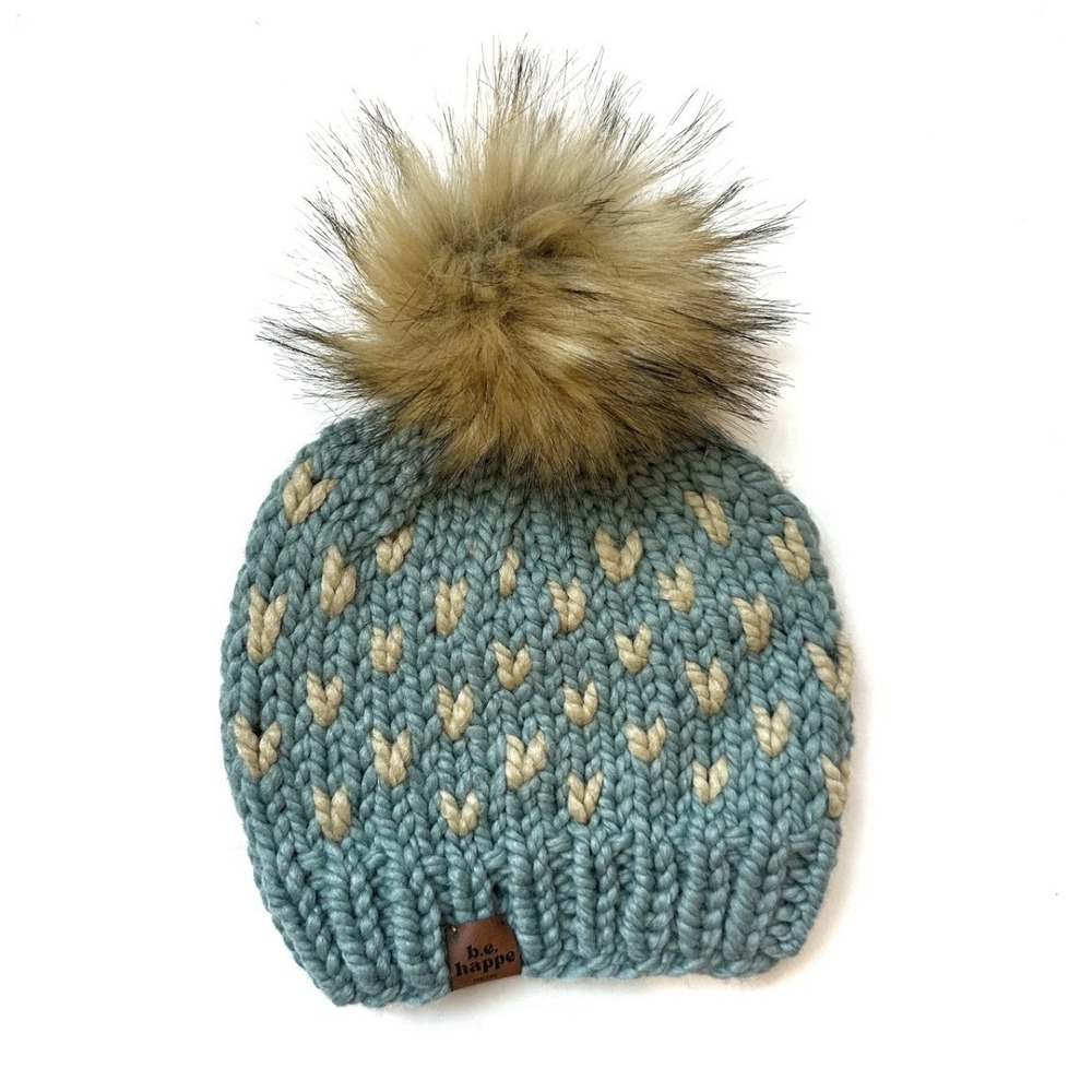 Girls Chunky Cable Knit Hat Faux Fur Pom Pom Winter Warm Soft Heart Beanie Hat